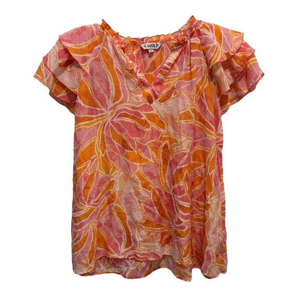 Nanette Lepore Tops - Nanette Lepore Top Womens Medium Floral Blouse Pink‎ Orange Ruffle Sleeve Sheer